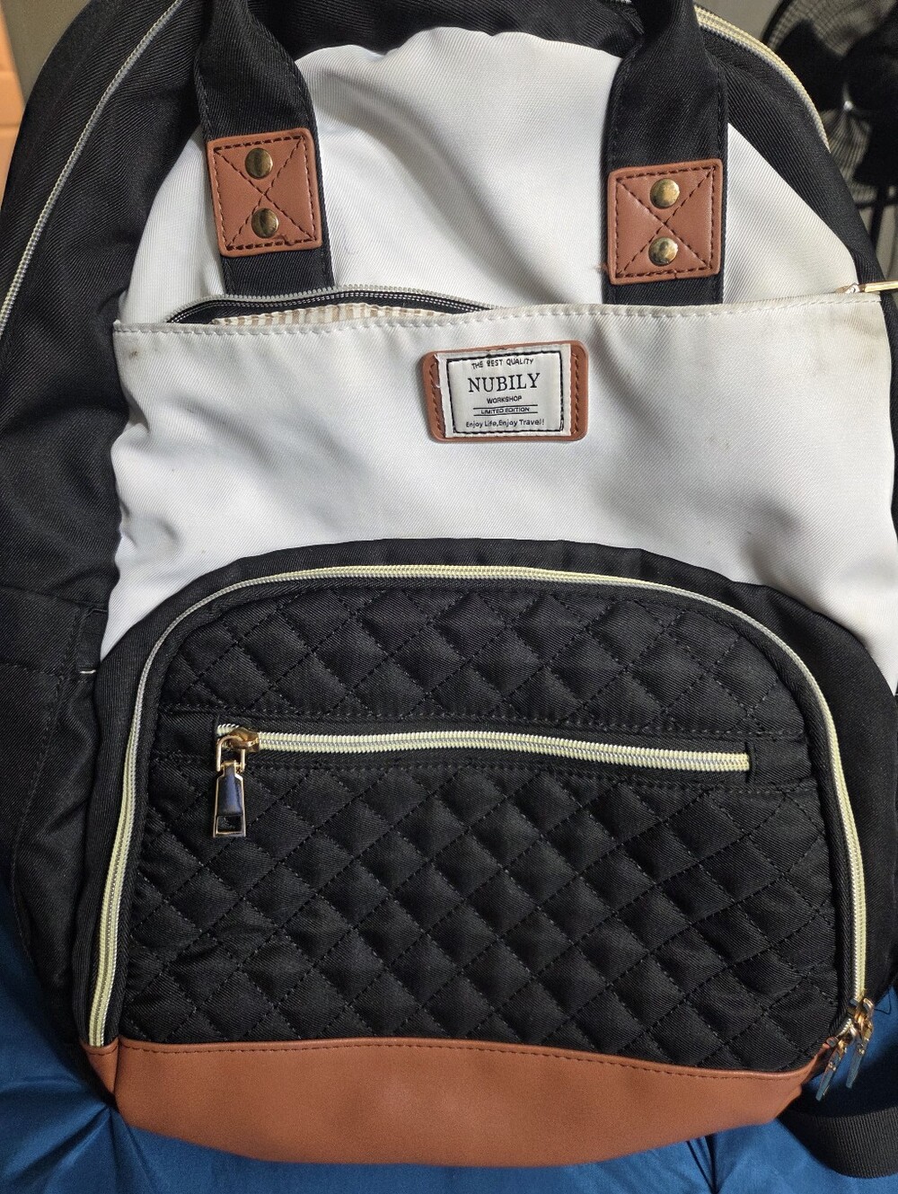 Nubily Quilted Unisex Backpack/laptop - Black, White & Brown
